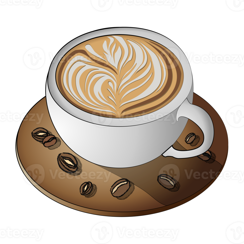 latte konst på kaffe kopp och kaffe bönor isolerat tecknad serie design på transparent bakgrund, kreativ konst dryck ClipArt element png