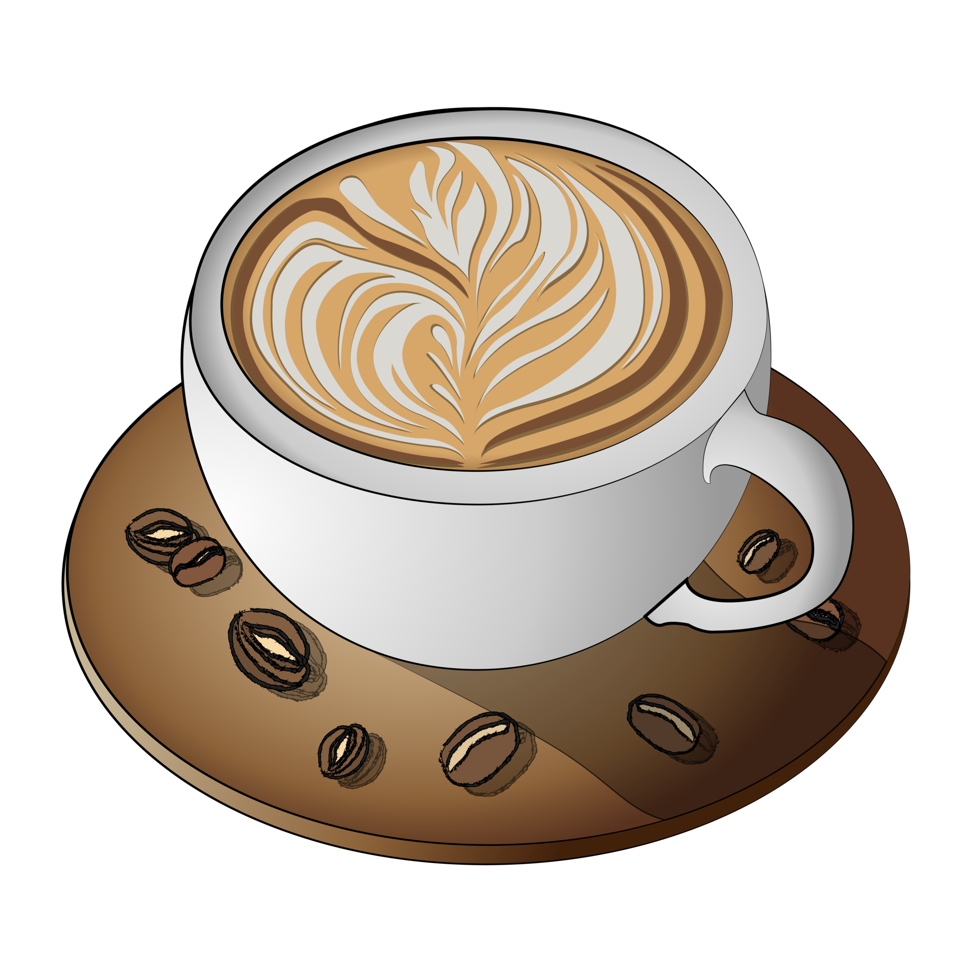 latté Arte en café taza y café frijoles aislado dibujos animados diseño