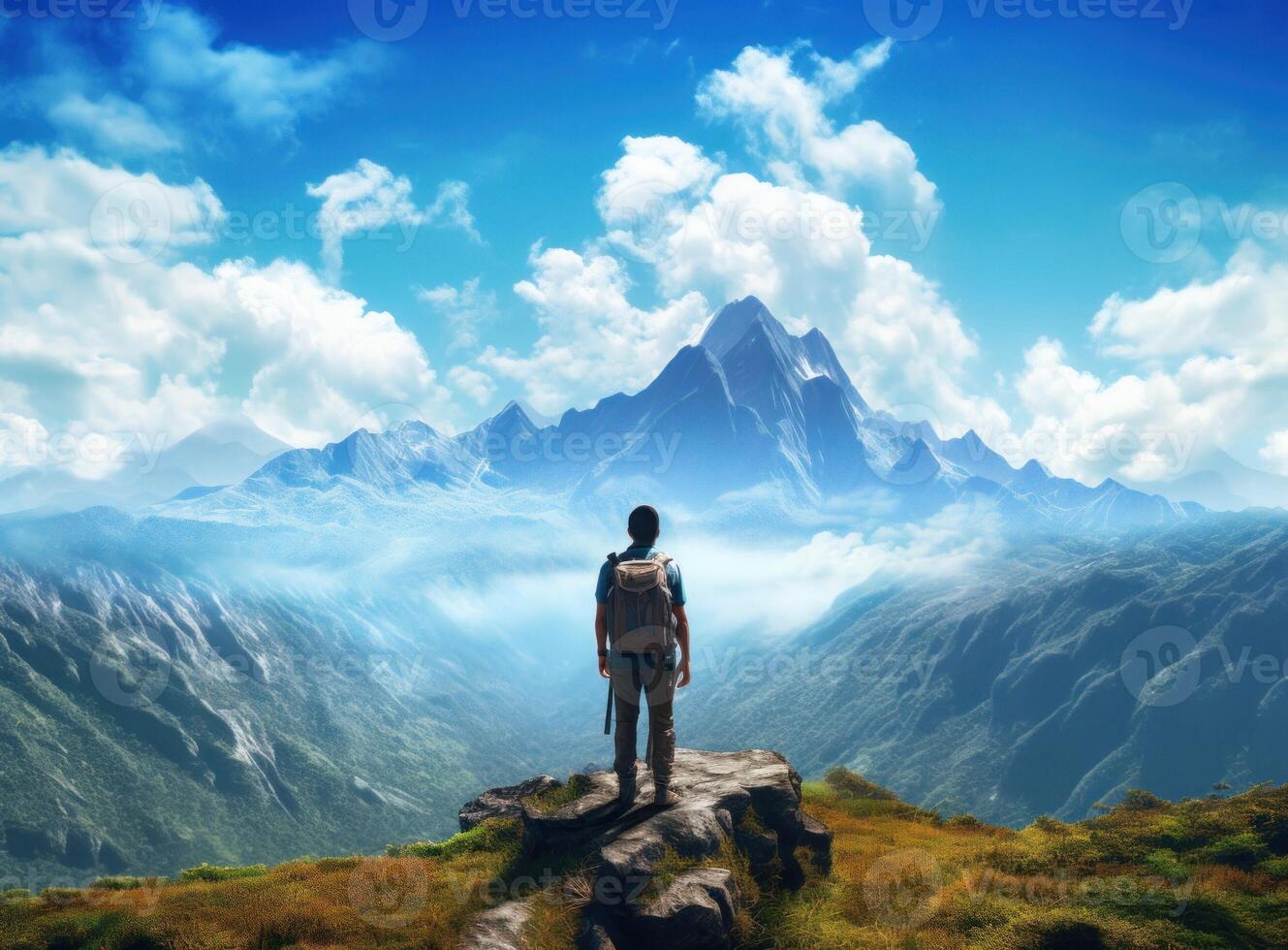 un hombre en pie en rock en un montaña con vista a el nubes ilustración ai generativo foto