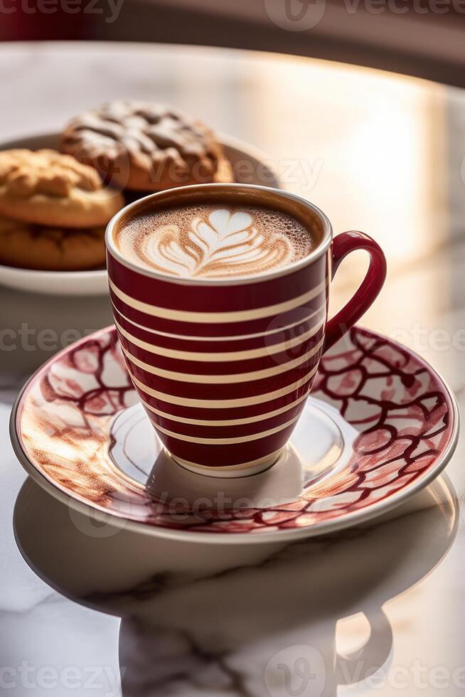 Cup of coffee with milk and some biscuits on a table Illustration photo