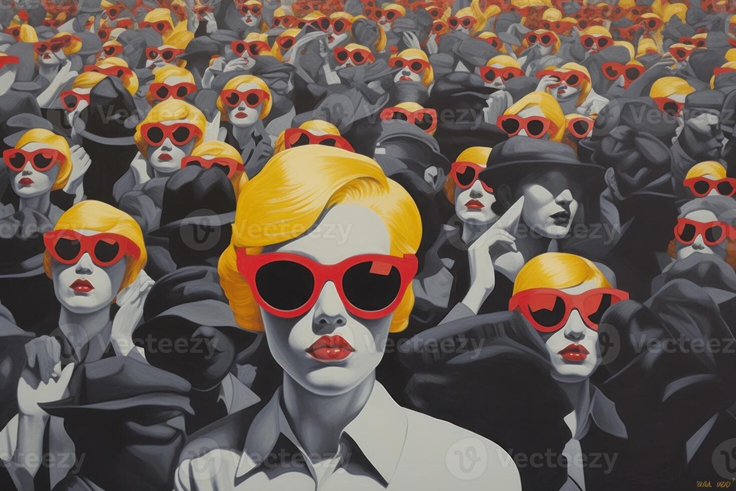 Image of someone with a lot of red tinted glasses, in the style of surrealist collage. Illustration photo