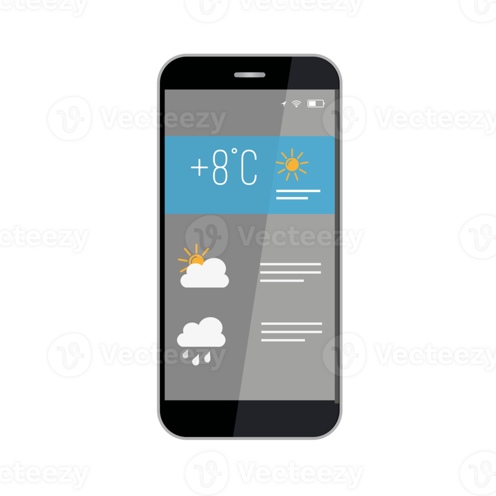 Weather forecast smartphone interface template. Mobile app page design layout. Hourly data. Humidity, temperature and wind conditions screen. Flat UI for application. Phone display png