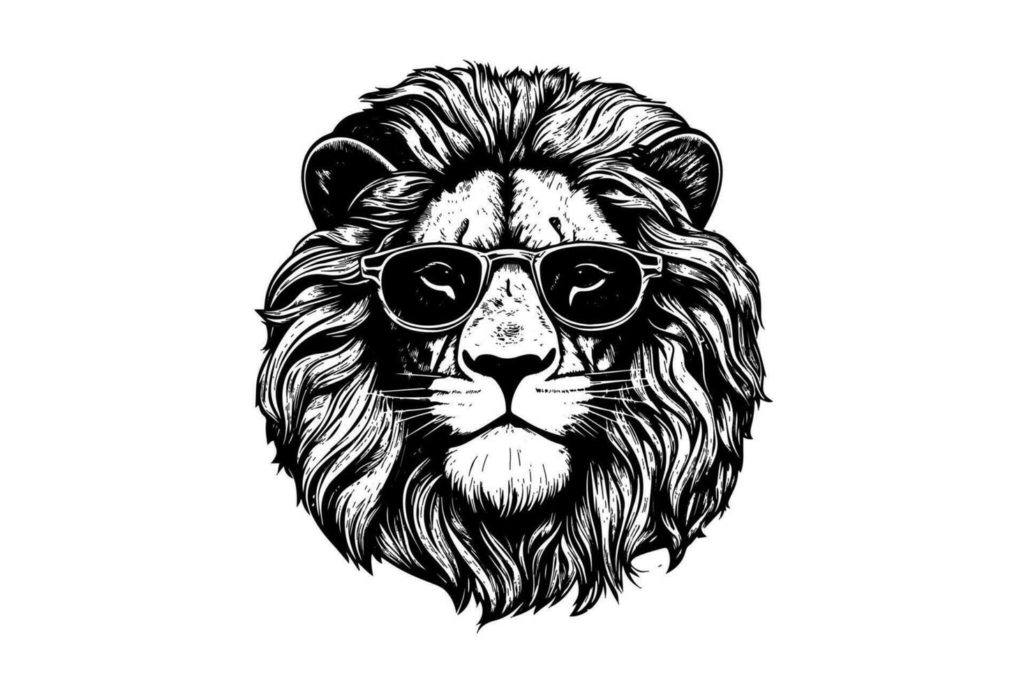 The lion head in eyeglasses hand draw vintage engraving  black and white vector illustration on a white background.