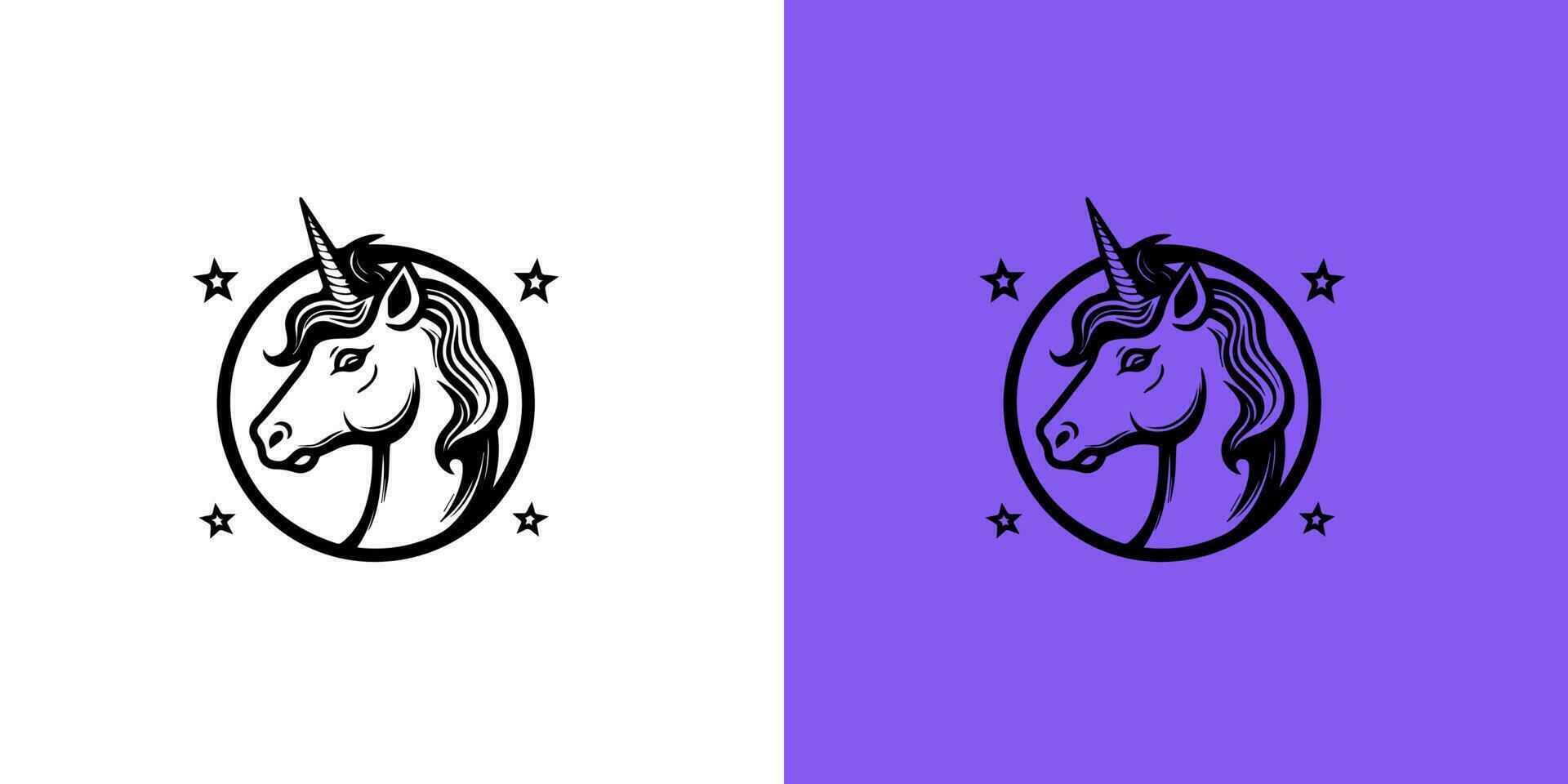 negro silueta de agraciado unicornio enmarcado y estrellas logotipo hada cuento símbolo. vector plano icono en blanco y púrpura antecedentes. magia logo