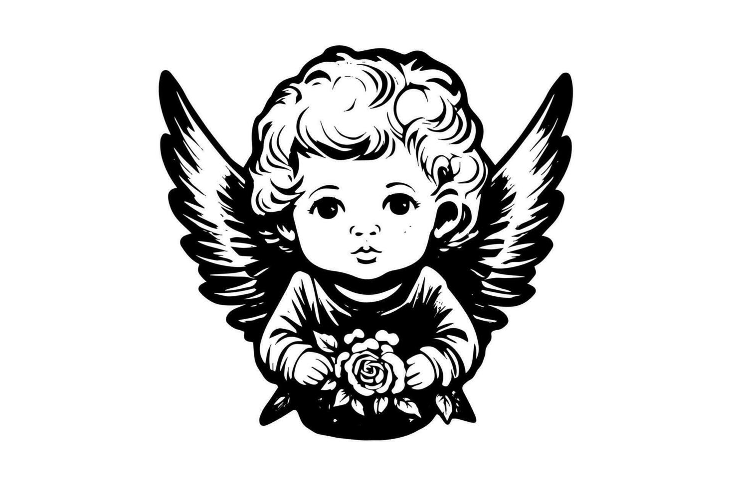 Little angel logotype vector retro style engraving black and white illustration. Cute baby with wings