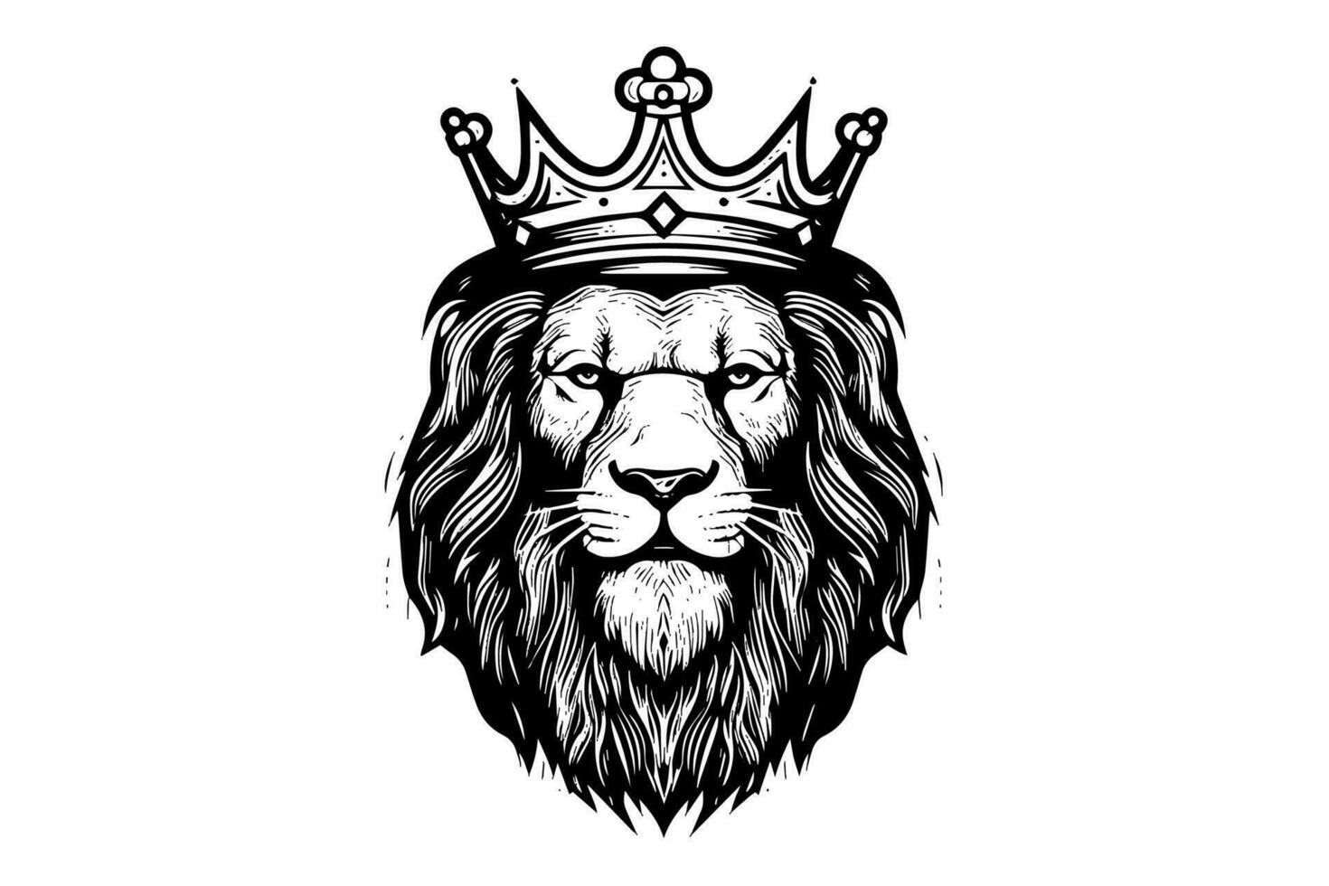 el león cabeza en corona mano dibujar Clásico grabado negro y blanco vector ilustración en un blanco antecedentes.