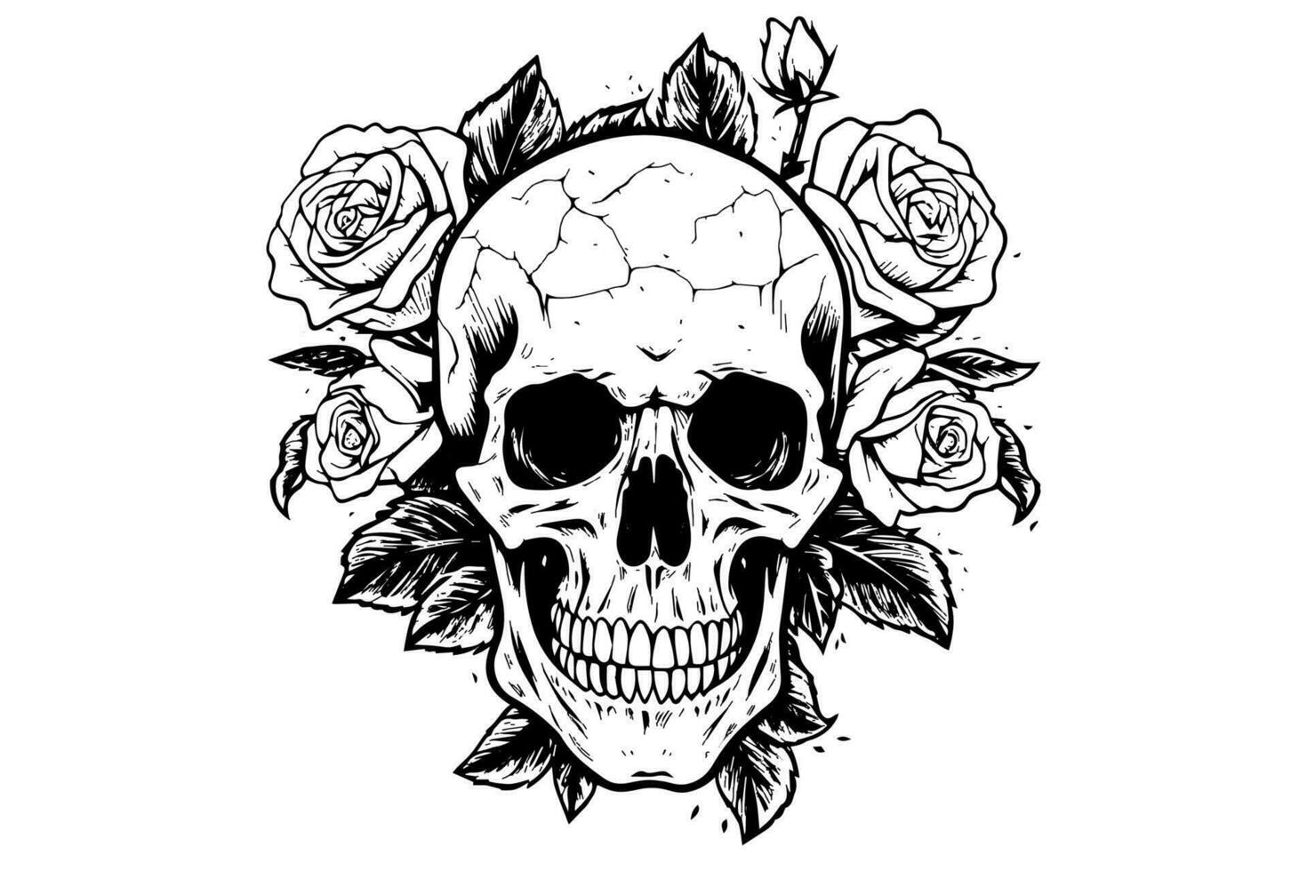 Human skull in a flower frame woodcut style. Vector engraving sketch illustration for tattoo and print design.