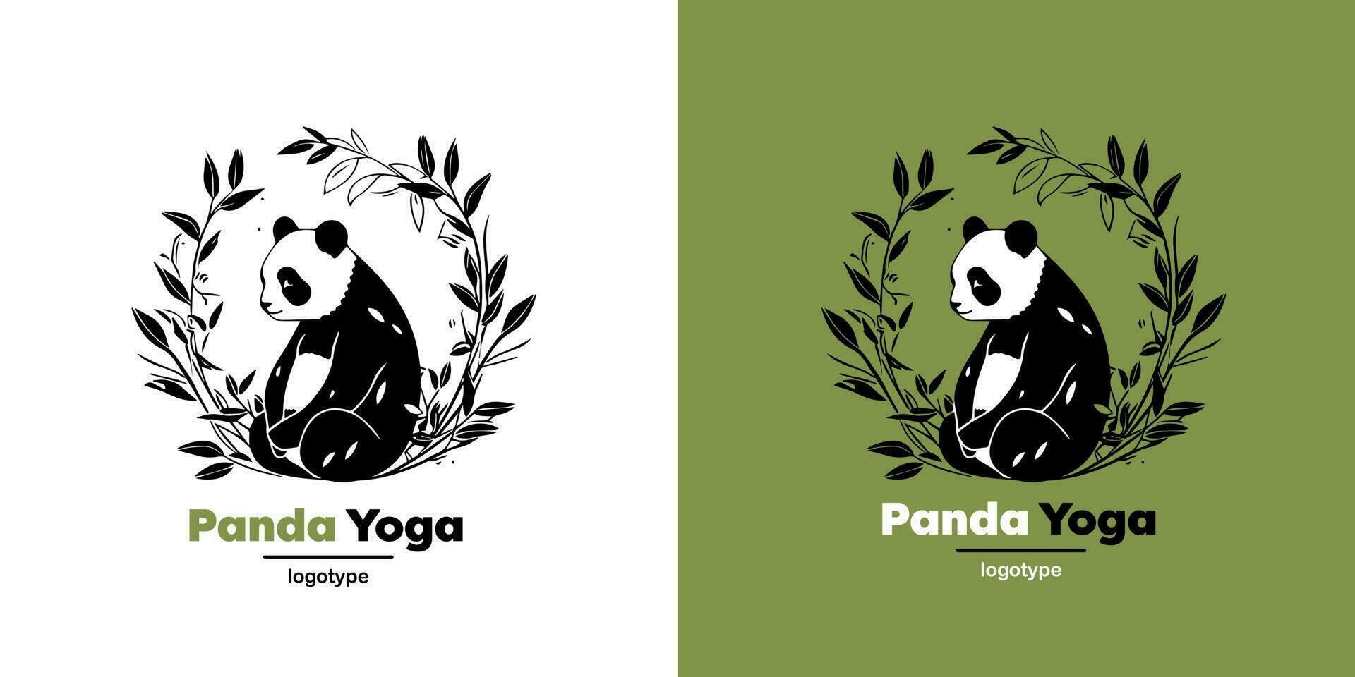 Vector Logo Illustration Panda Simple Mascot of Yoga Style. Logotype mark design template on white and green background.