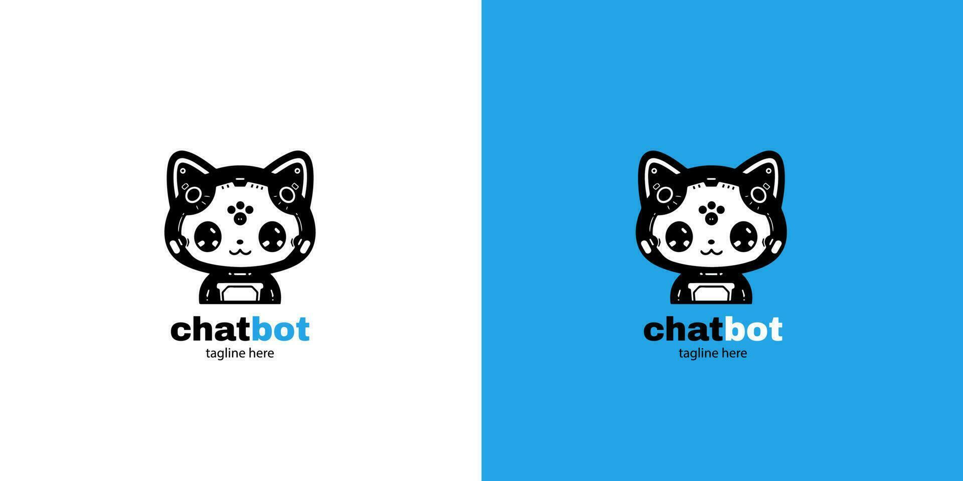 Robot cat chatbot head icon sign  design vector illustration  on white and blue background. Cute AI bot helper mascot character concept symbol business assistant.