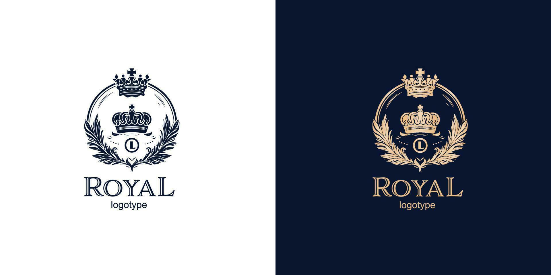 Crown Luxury Concept Logo Design Template on blue and white background. Logotype vector sign