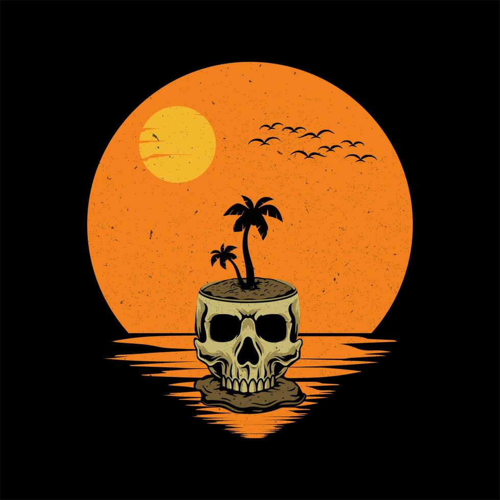 Vector illustration surf themed skull, tropical skull with coconut tree
