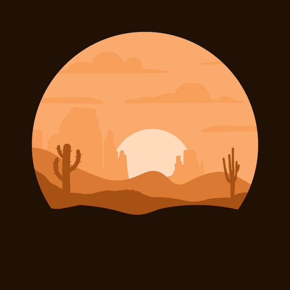 desert landscape with cactus, hills and mountains silhouettes, vector nature horizontal background