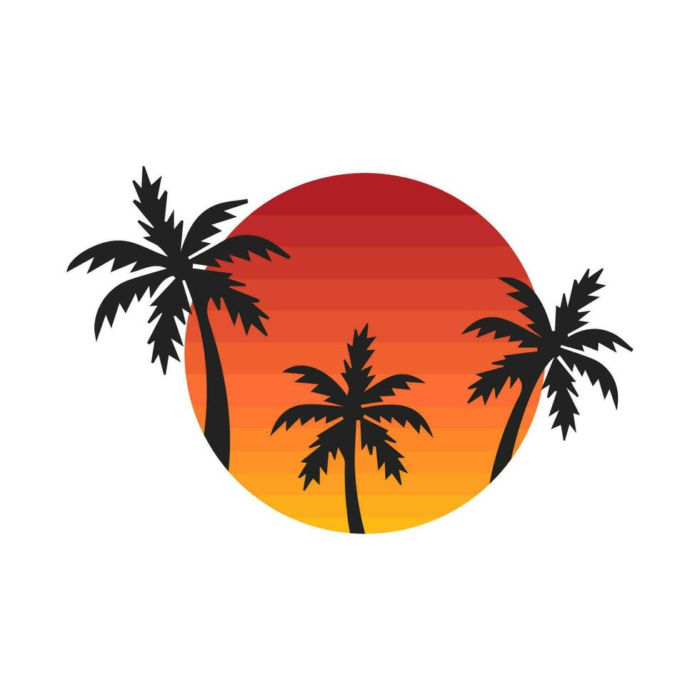 sunsets, beach and palm tree. style 80s, and 90s. Abstract background with a sunny gradient. Silhouettes of palm trees. Vector design template for logo, badges. Isolated white background.