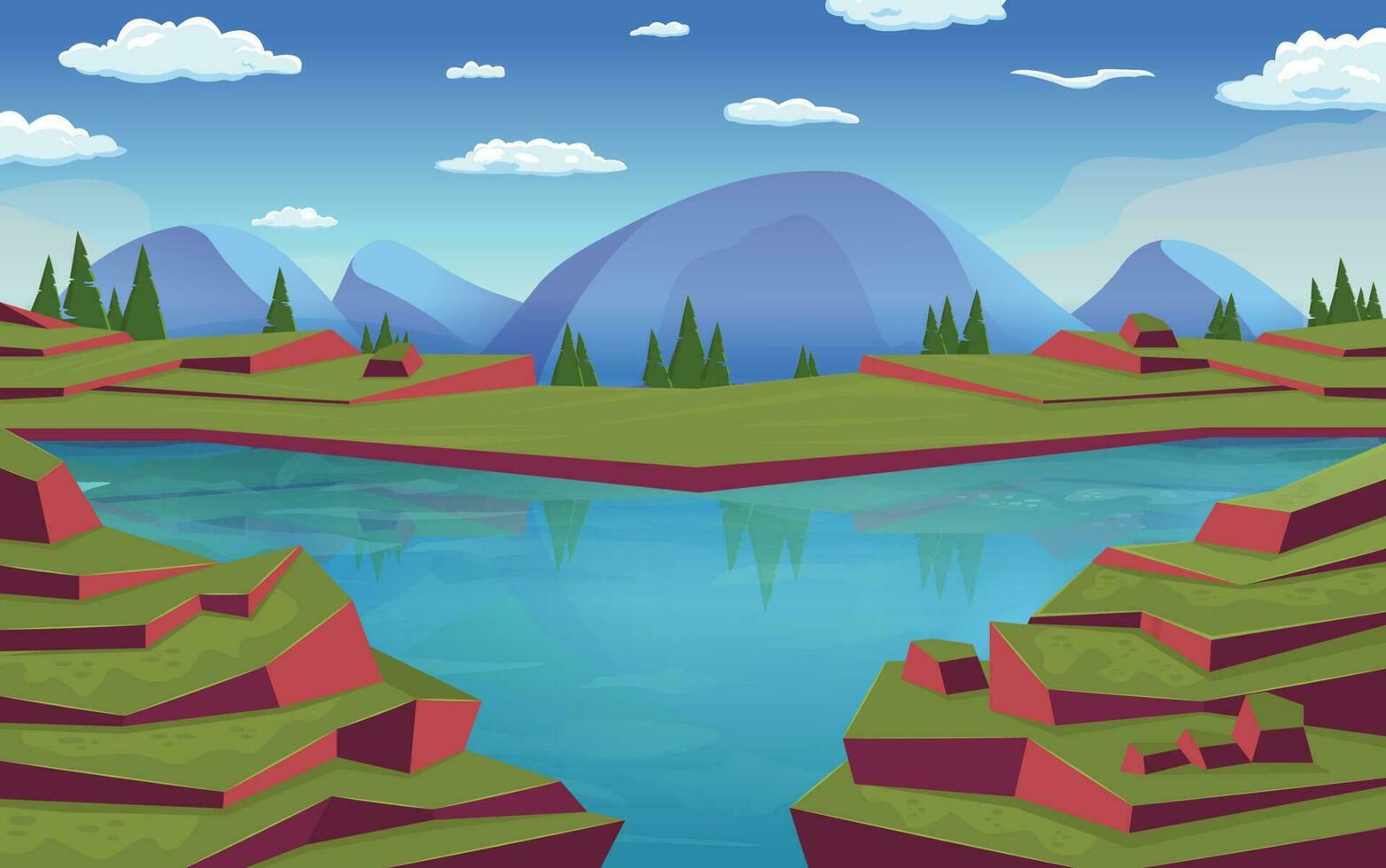 Cartoon day background with landscape area big water lake and  mountains, trees, sky, clouds vector illustration