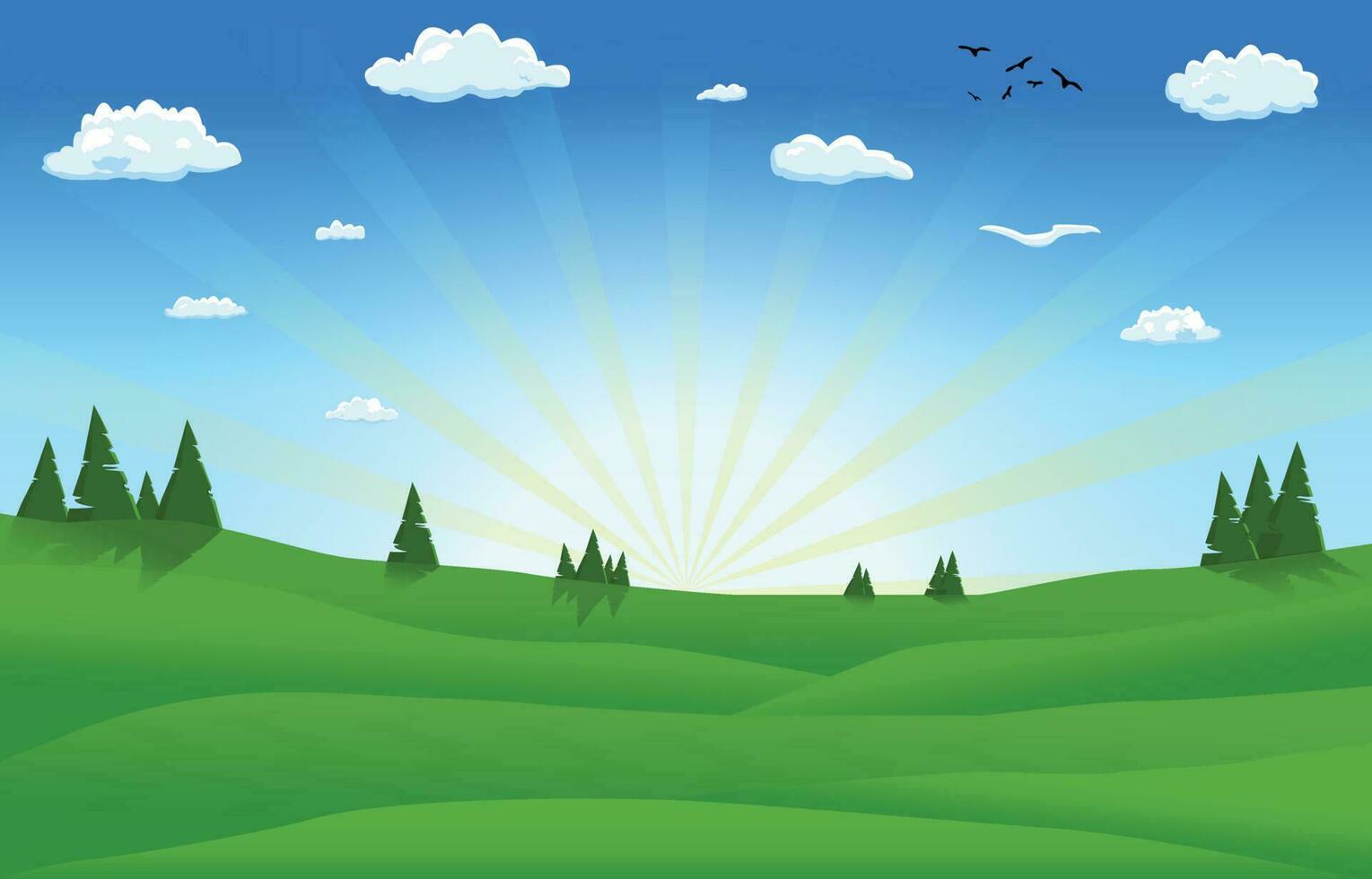 Sunset cartoon background with landscape area, trees, sun burst, clouds, sky vector