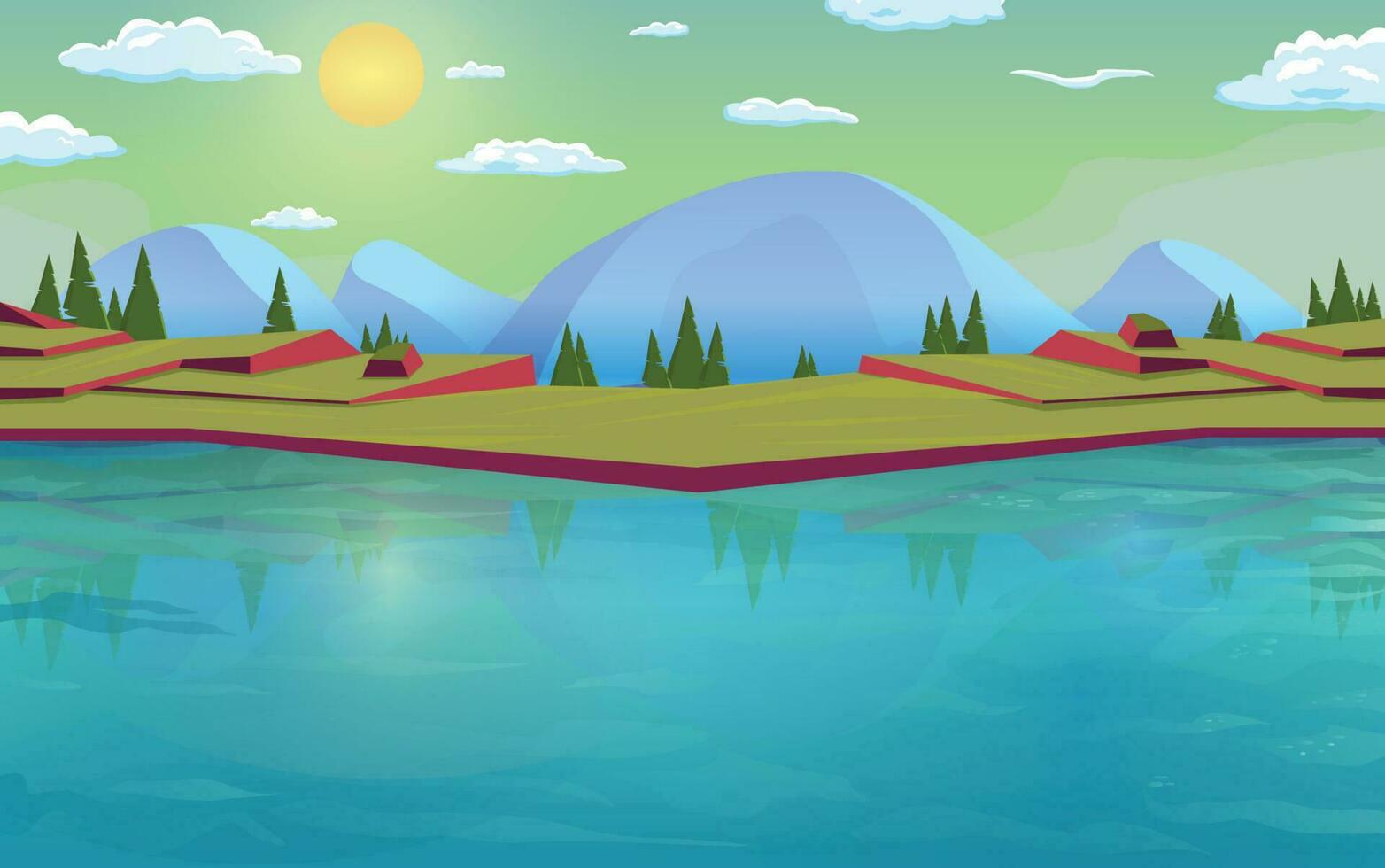 Cartoon evening background big water lake and landscape area with mountains, trees, sky, clouds vector illustration