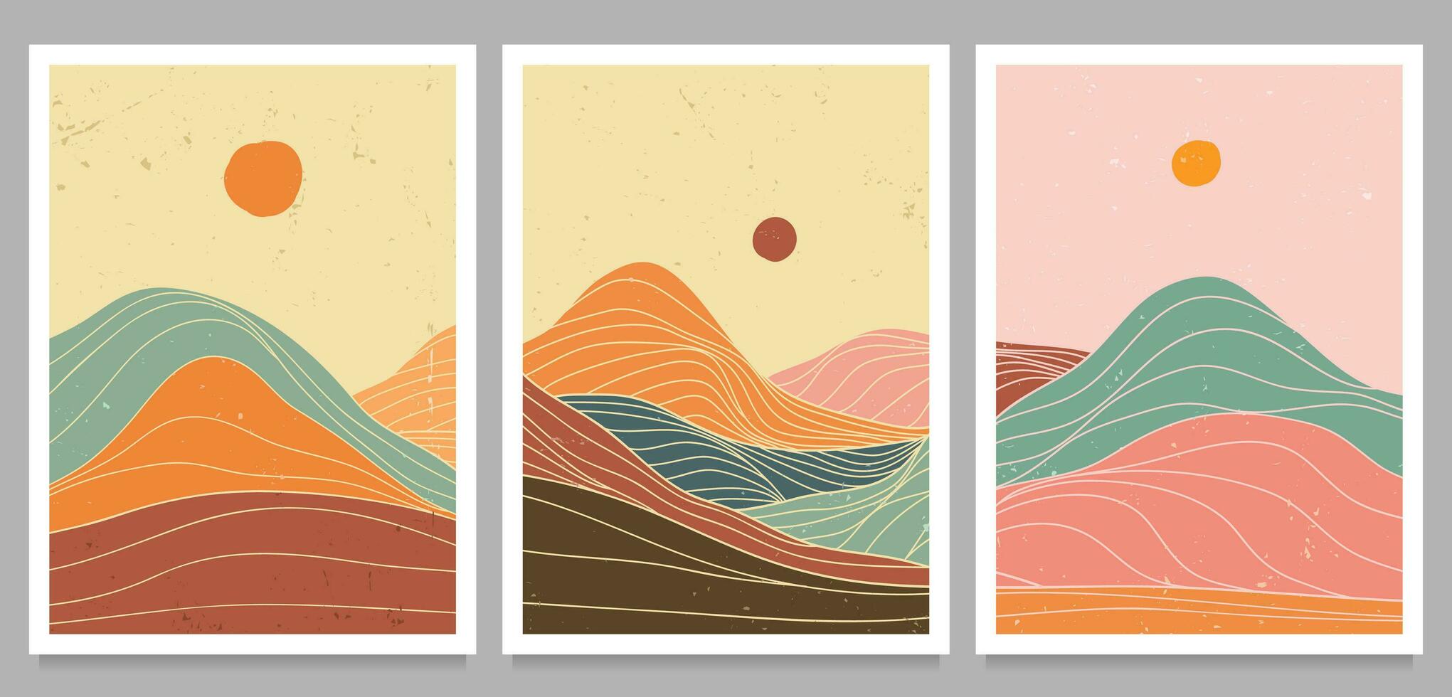 set of creative minimalist hand drawn illustrations of Mid century modern art. Natural abstract landscape background. mountain, forest, sea, sky, sun and river vector