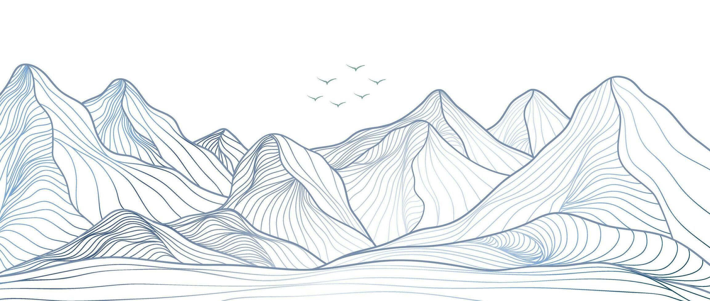 mano dibujado estilo de creativo minimalista moderno línea Arte impresión. resumen montaña contemporáneo estético antecedentes paisajes con montaña, volador pájaro, Oceano ola. vector ilustraciones