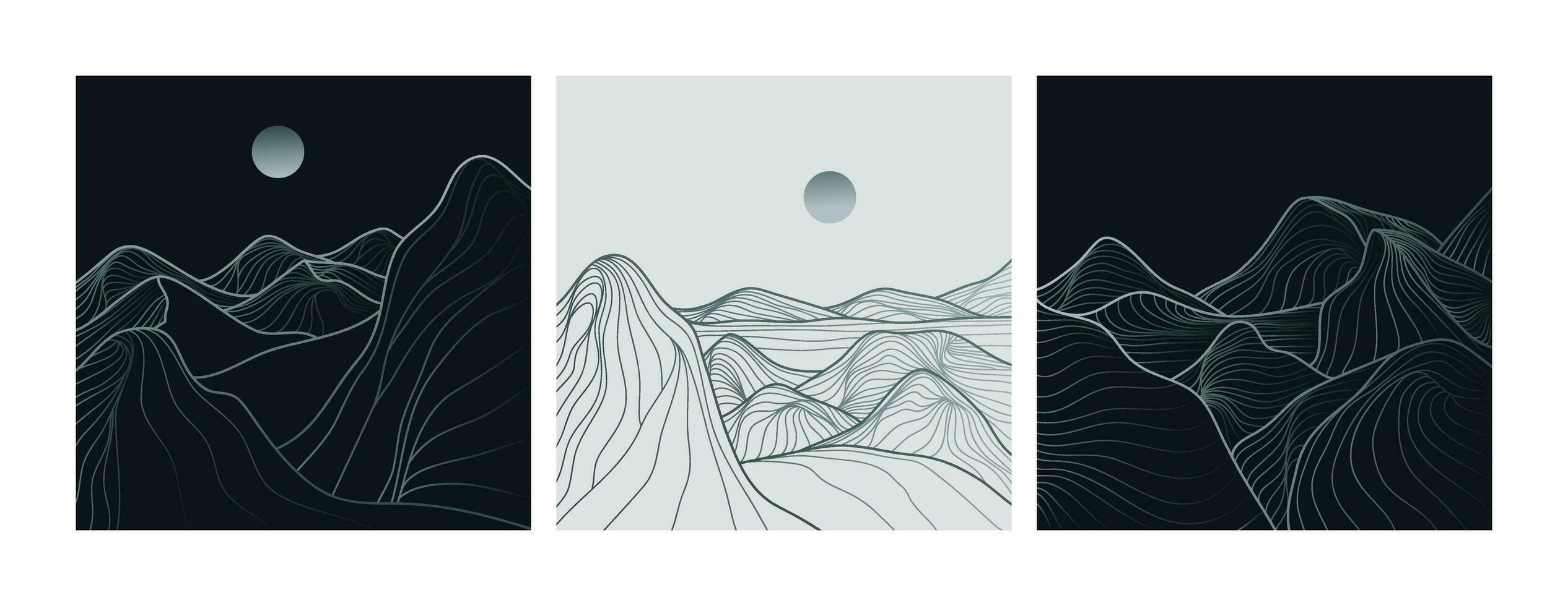 mano dibujado estilo de creativo minimalista moderno línea Arte impresión. natural resumen paisaje antecedentes diseño en colocar. con montañas, isla y mar. vector ilustraciones