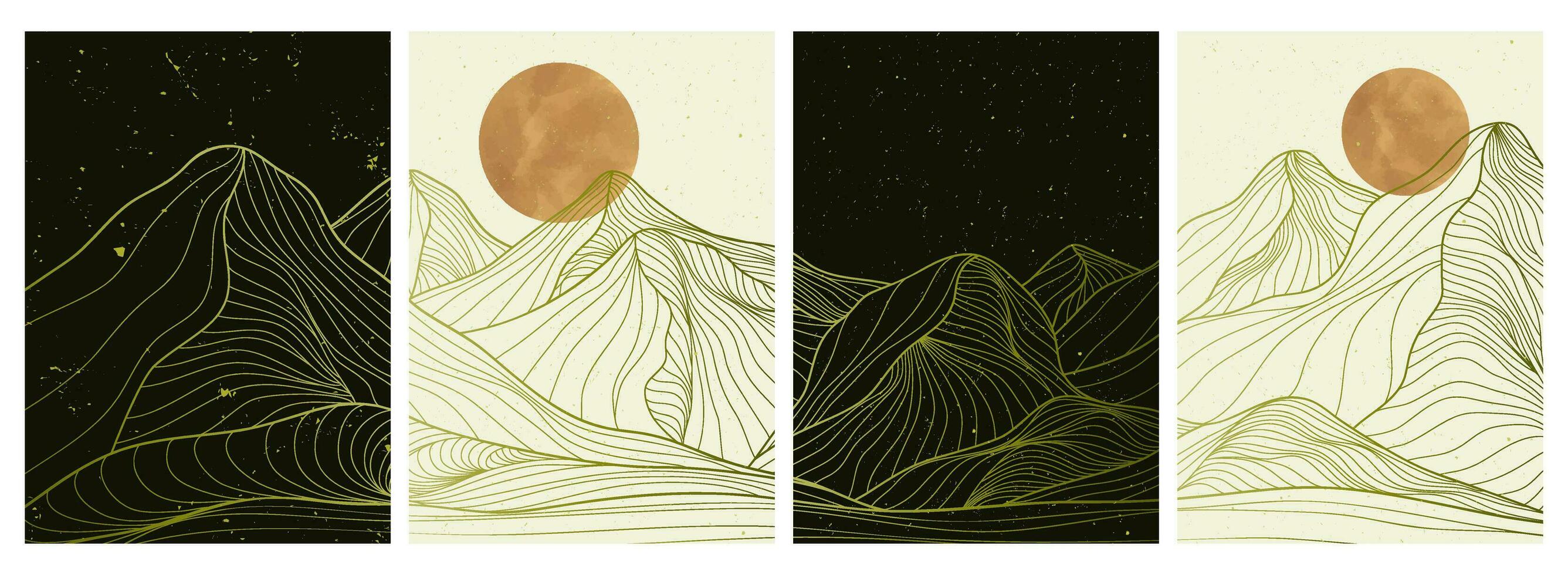 mano dibujado estilo de creativo minimalista moderno línea Arte impresión en colocar. resumen montaña contemporáneo estético antecedentes paisajes con montaña, atardecer, Oceano ola. vector ilustraciones