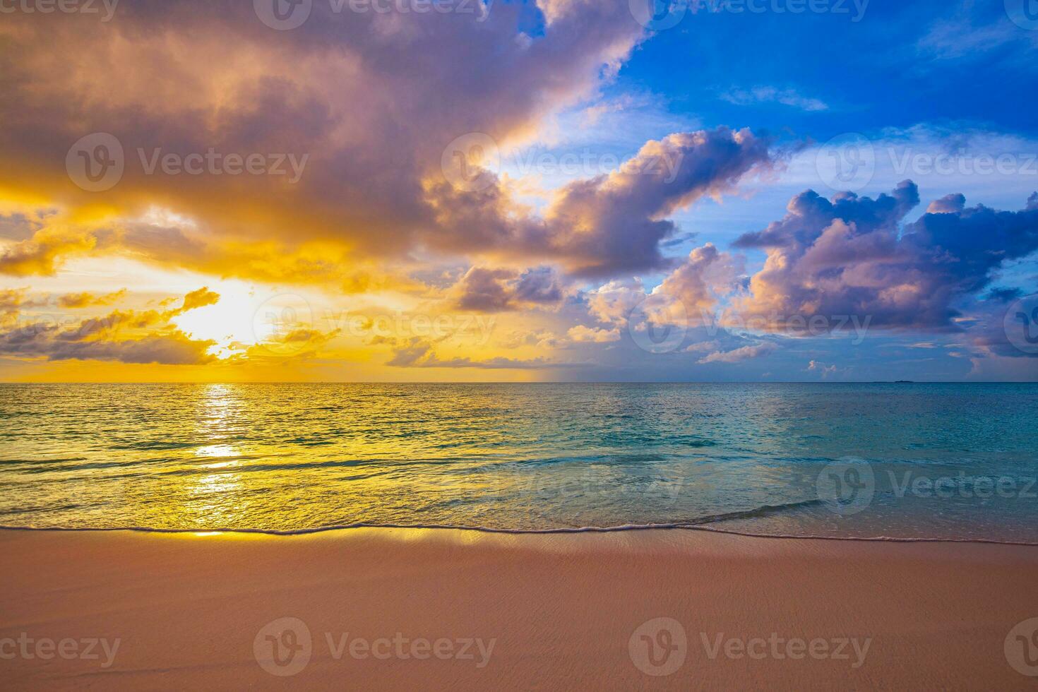 Sea sand sky concept, sunset colors clouds, horizon, horizontal background banner. Inspirational nature landscape, beautiful colors, wonderful scenery of tropical beach. Beach sunset, summer vacation photo