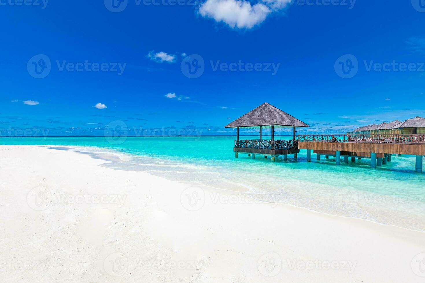 Fantastic summer landscape, tropical nature view. White sand blue sea as luxurious summer vacation or holiday background. Maldives or Caribbean coast landscape, nature panorama photo