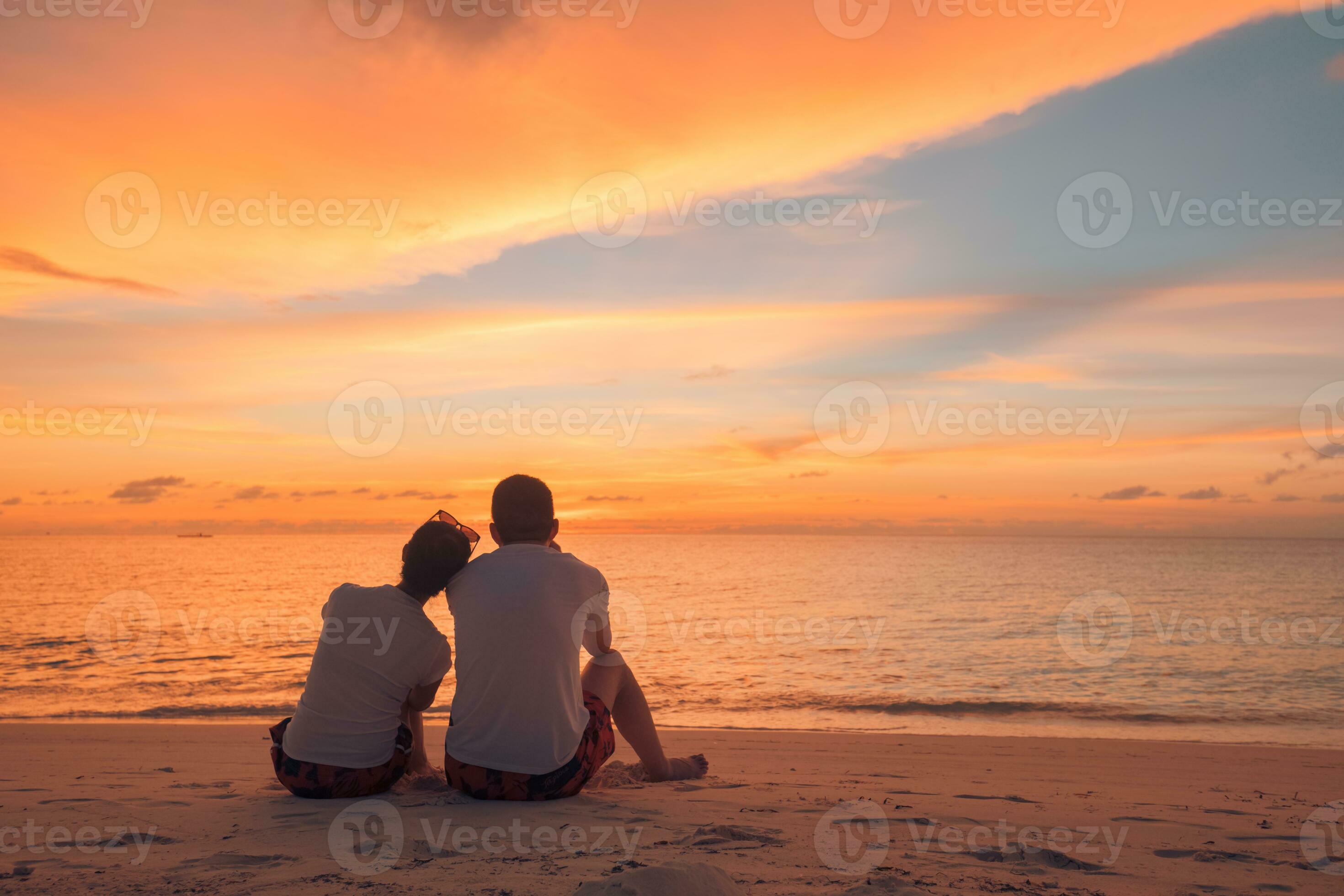 Couple In Love Watching Sunset Together On Beach Travel Summer Holidays People Silhouette From 