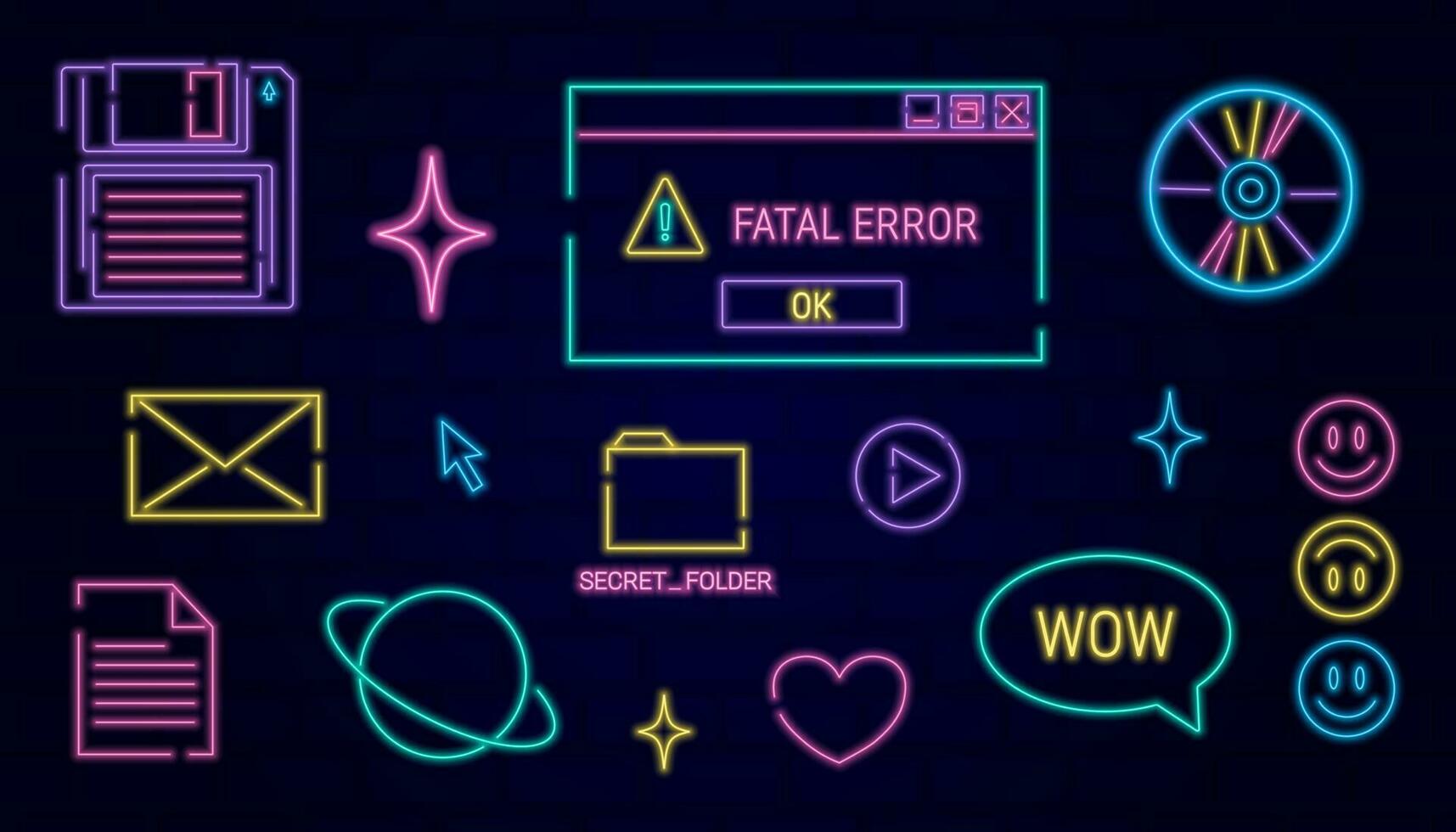 y2k trendy set of objects, old computer interface, retro pc elements, 1990s 2000s style, old phone, neon light, cd disk, heart, star, mail, nostalgia, vector illustration