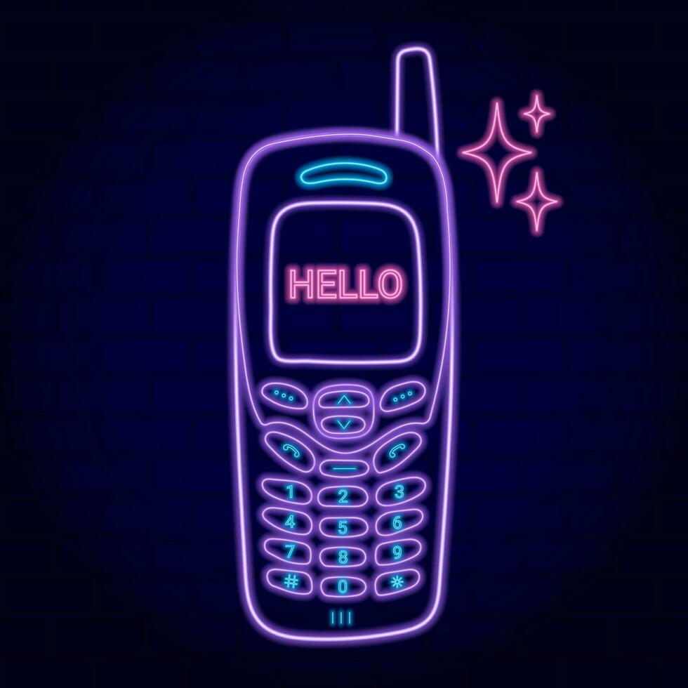 neon phone, retro 80s 90s style, y2k phone, star, vector illustration
