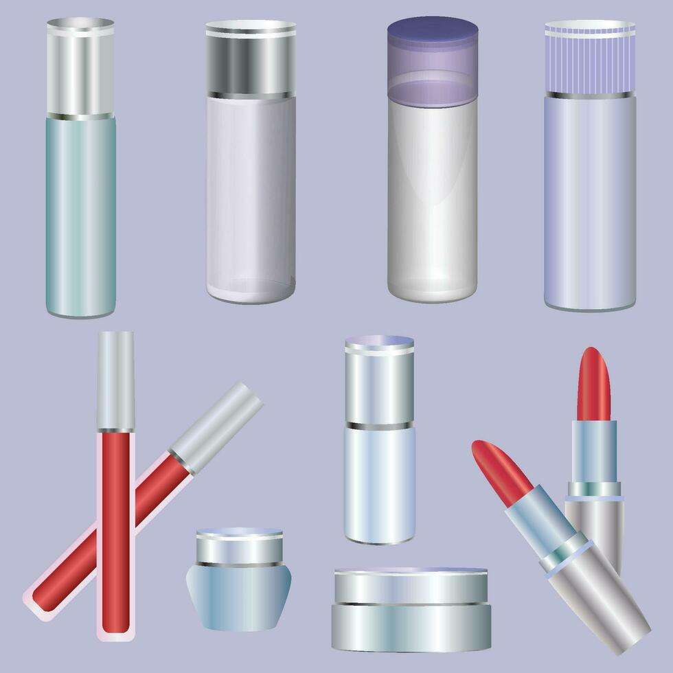 Cosmetic bottles skin care package perfume lotion makeup cream items products branding mock up, perfume tube. vector