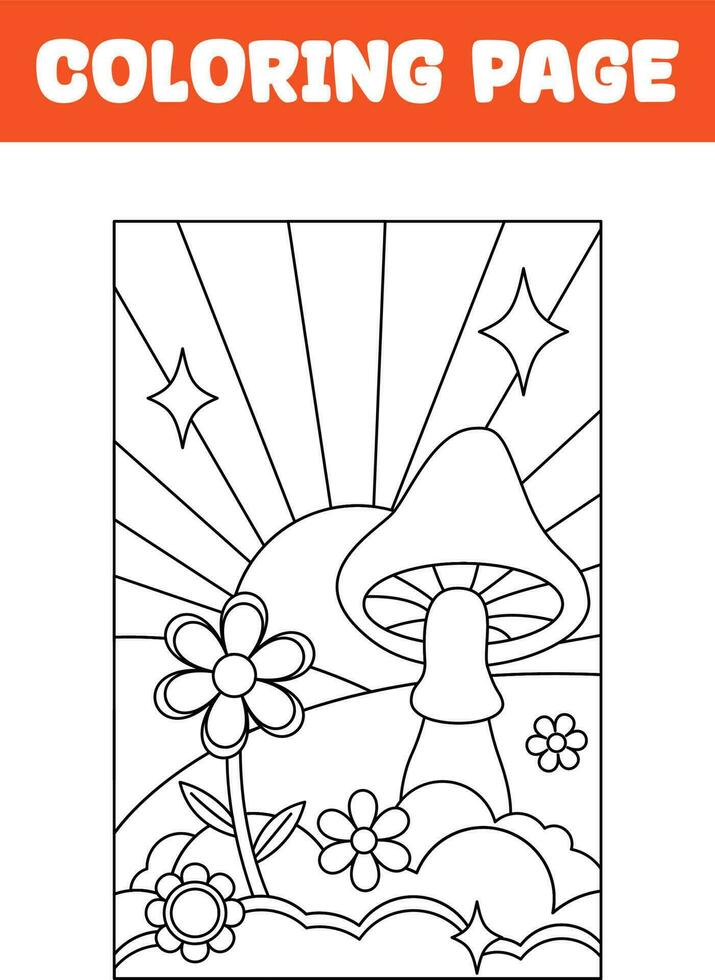 Coloring page game for kids. 70s, 90s groovy poster, retro print with hippie elements. Printable worksheet with solution for school and preschool. Learning numbers activity. vector
