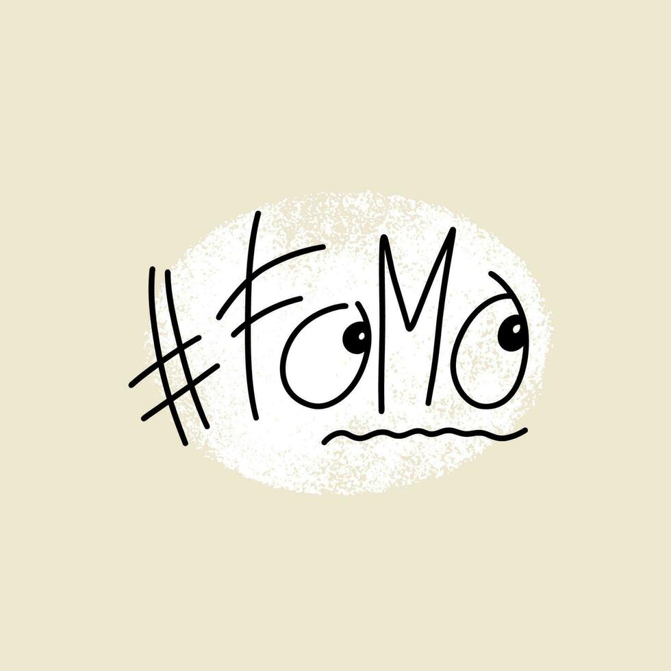 FOMO word with hashtag symbol vector illustration. Fear Of Missing Out. Design for cards, stickers, social media, banners.