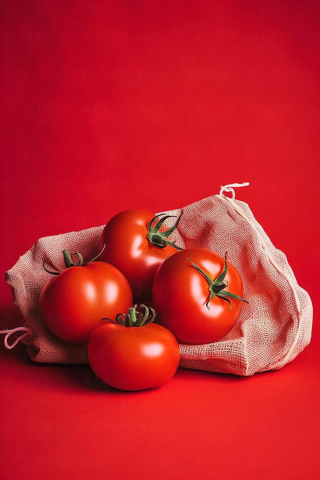 Tomatoes in a pouch on a red background photo