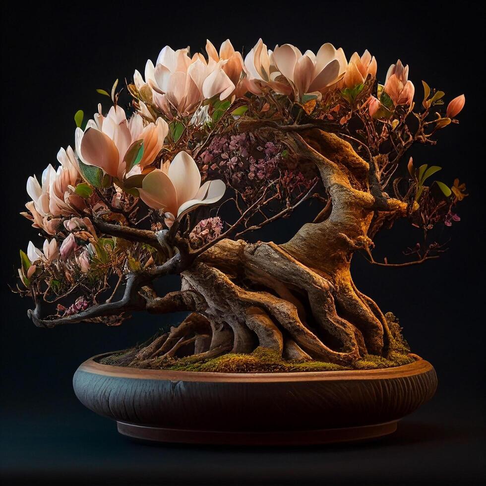 un Exquisito bonsai magnolia árbol ai generado foto