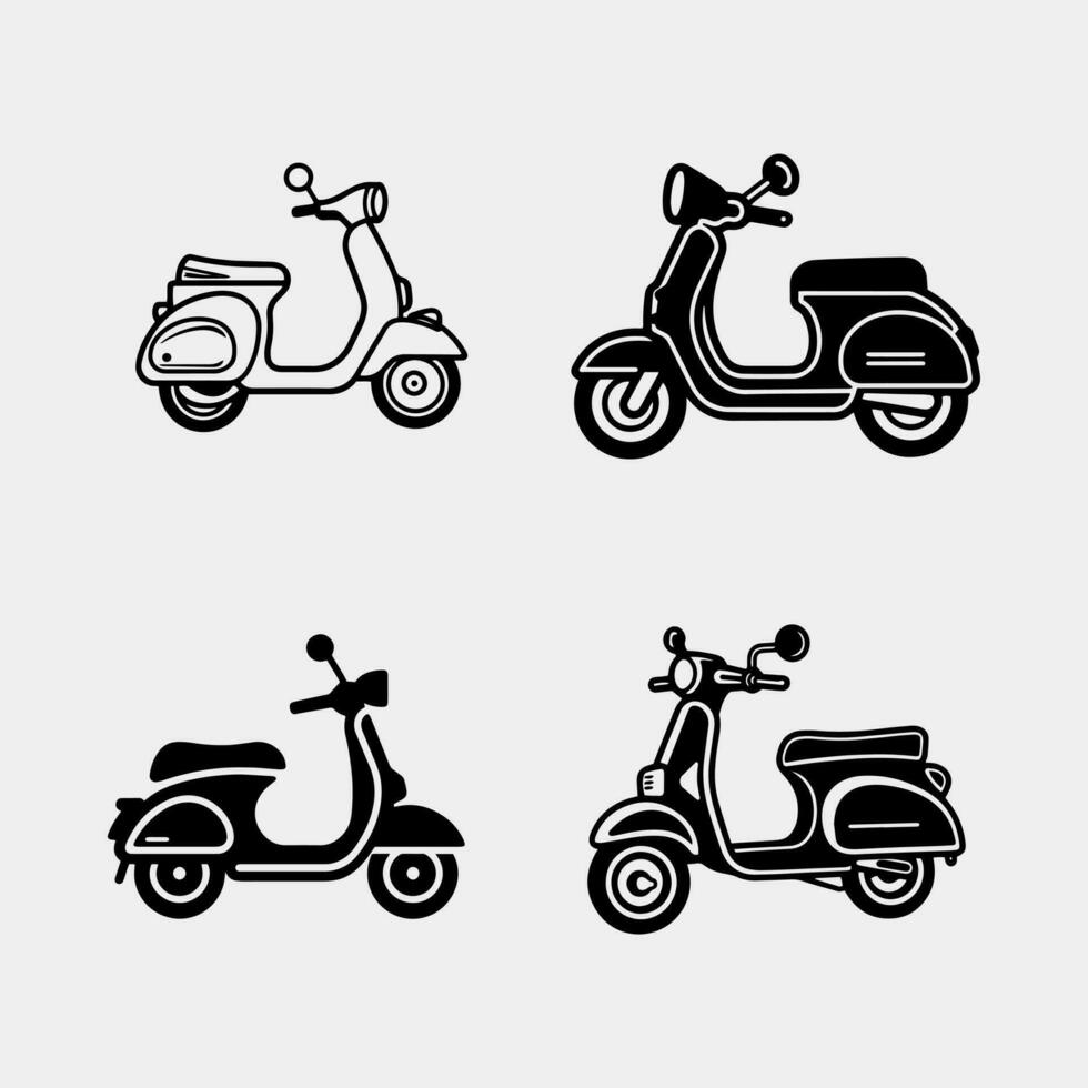 set of simple bicycle scooter motorbike silhouette vector isolated on white background