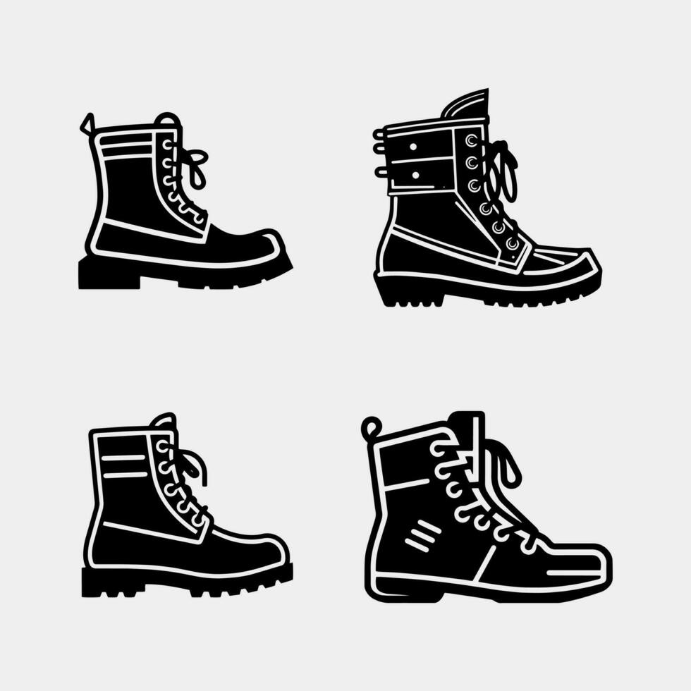 set of hiking black boots. Isolated objects on a white background. vector