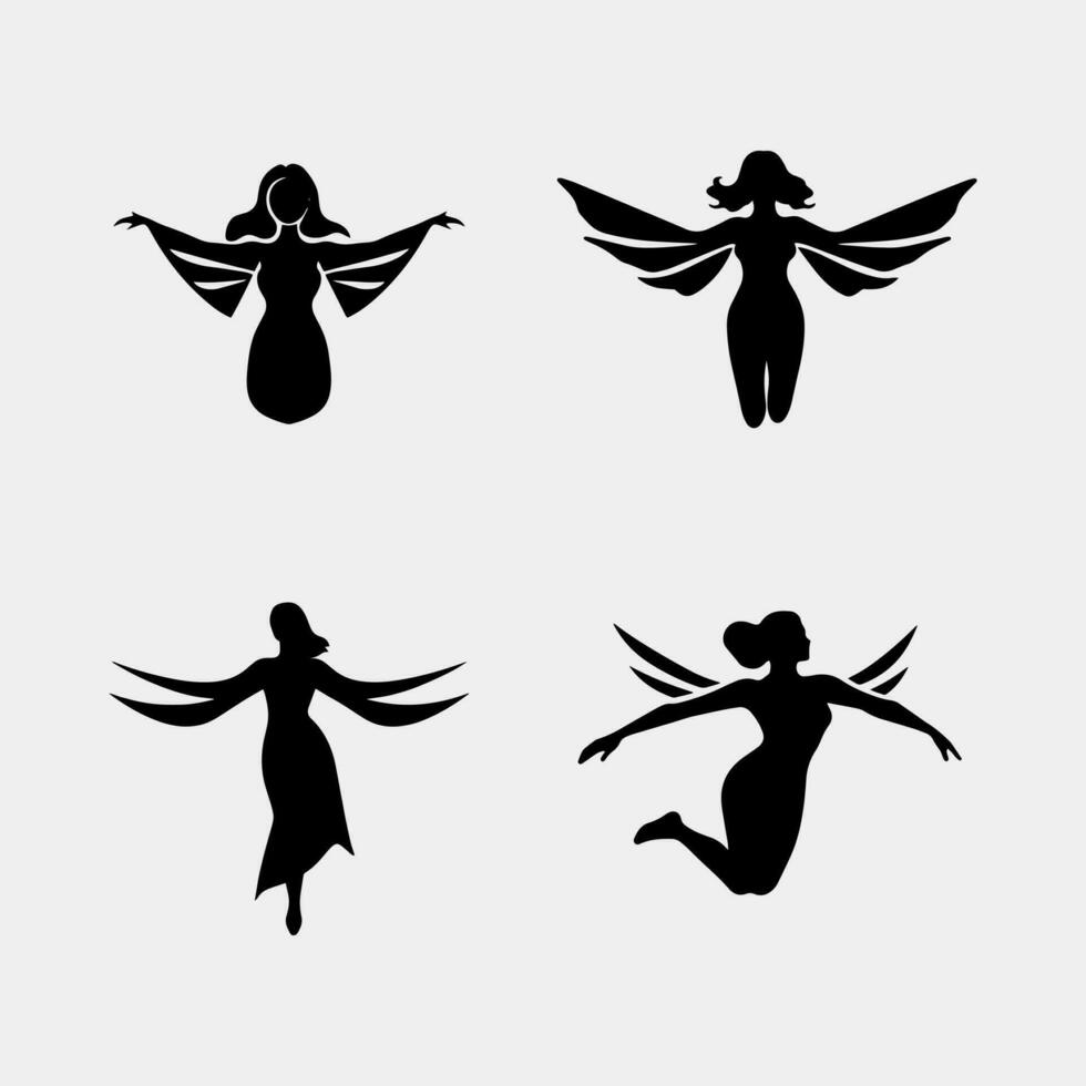 Set of silhouettes of fairies vector isolated on white background. Magical fairies in the cartoon style