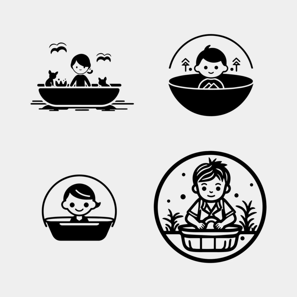 set of little kids taking a bath in the bathtub vector isolated on white background