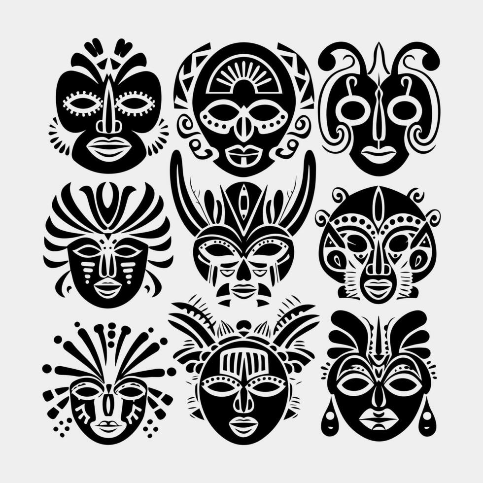 conjunto de africano tribal máscaras colección de diferente indio, azteca máscara en blanco antecedentes vector