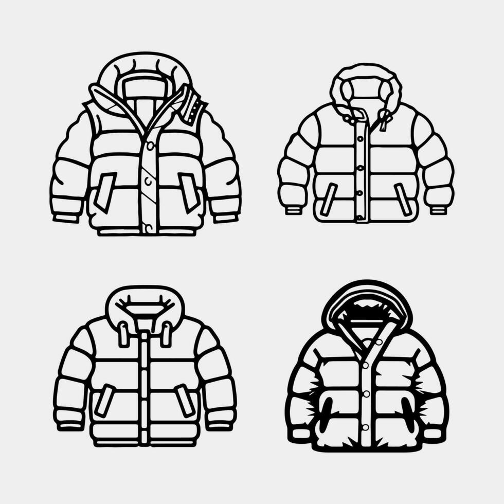 set of oversized puffer jacket, vector isolated on white background