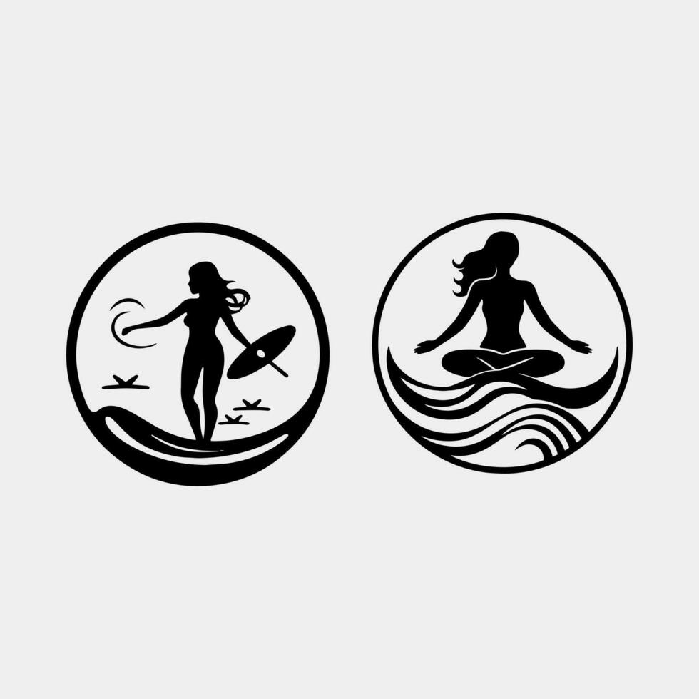 set of girl surfing meditating logo idea concept vector