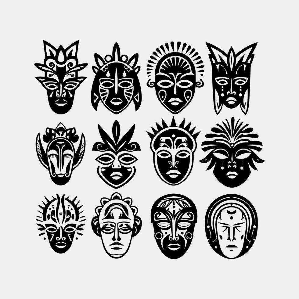 conjunto de africano tribal máscaras colección de diferente indio, azteca máscara en blanco antecedentes vector