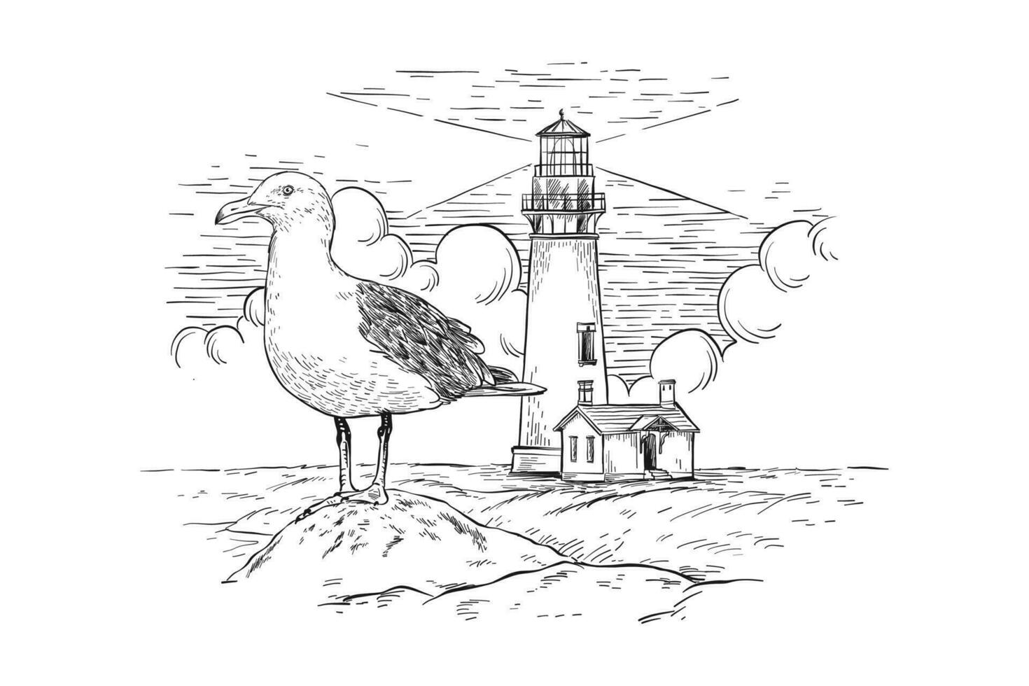 Lighthouse and seagull sketch vector illustration with artistic strokes