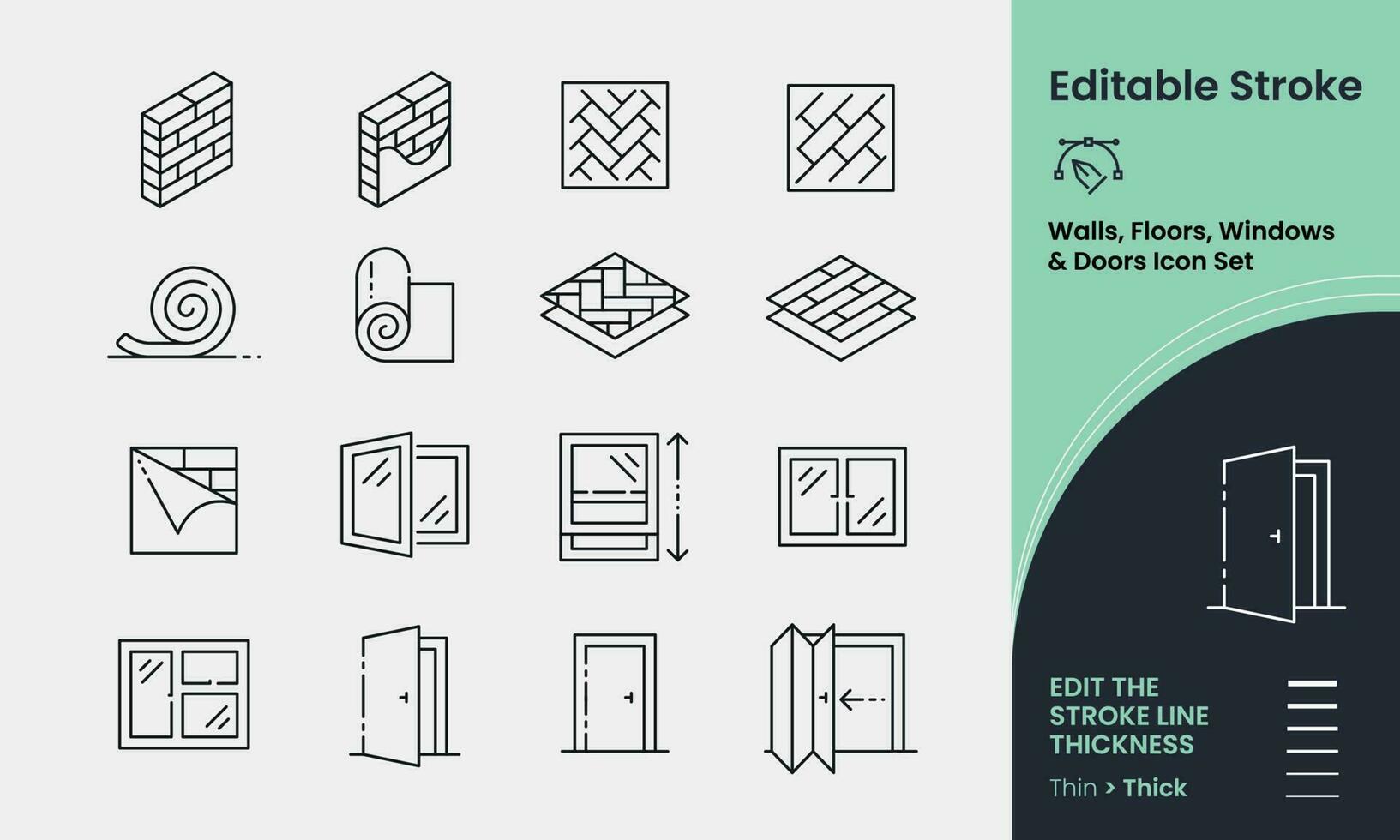 Walls, Floors, Window and Doors vector icon set containing 16 editable stroke icons.