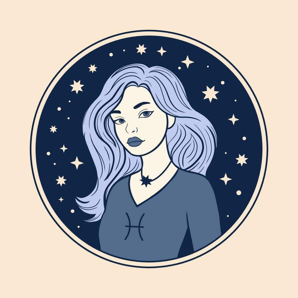 Pisces woman zodiac sign, beautiful girl face, horoscope symbol vector