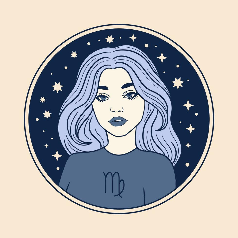 Virgo woman zodiac sign, beautiful girl face, horoscope symbol vector