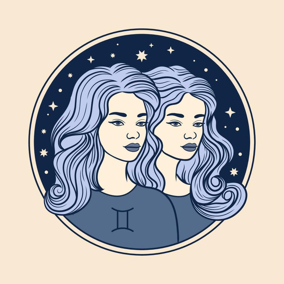 Gemini woman zodiac sign, beautiful girl face, horoscope symbol vector