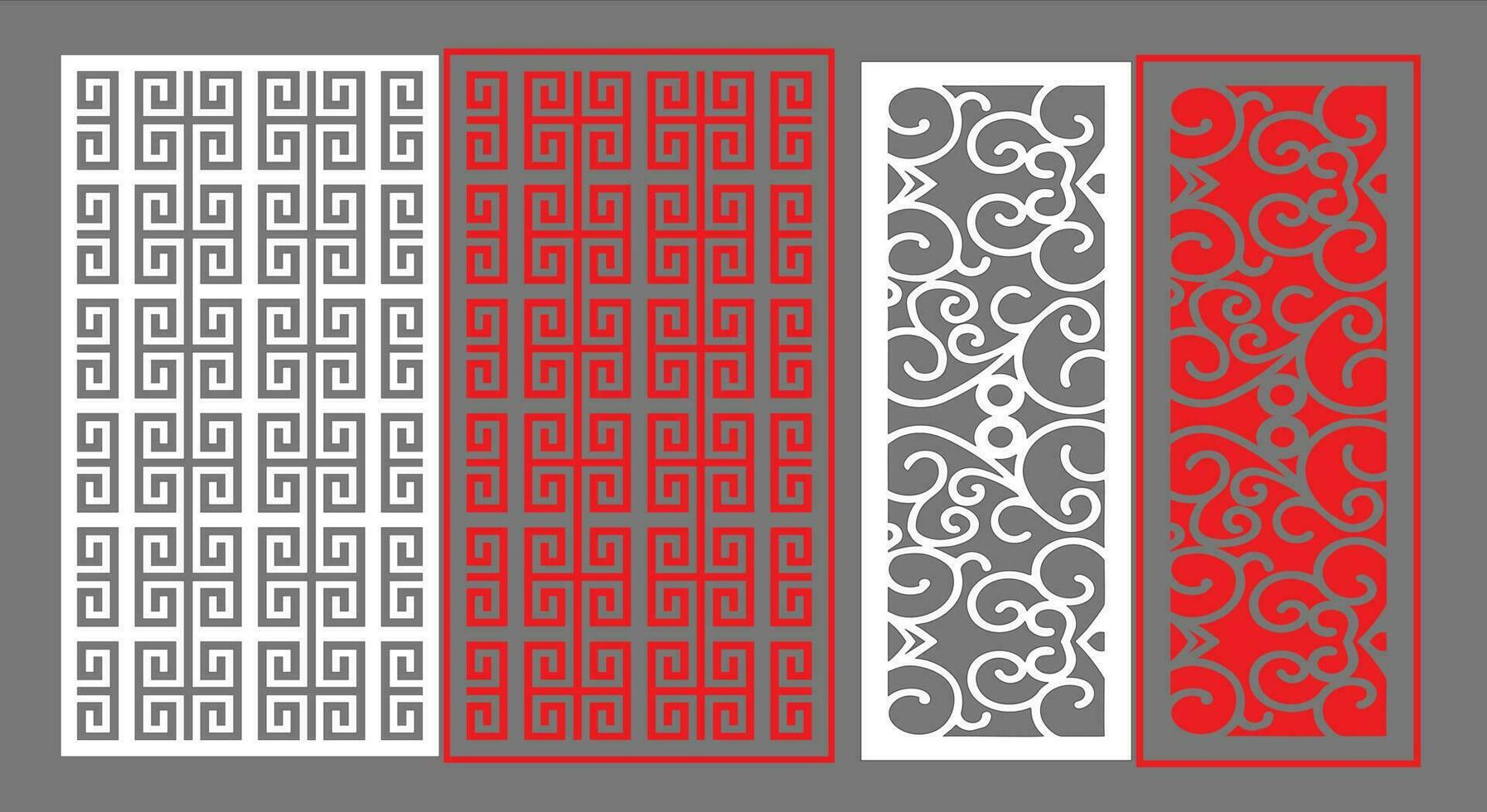 Decorative wall panels set Jali design CNC pattern, laser cutting pattern, router CNCcutting.Jali Laser cut decorative panel set with lace pattern. vector