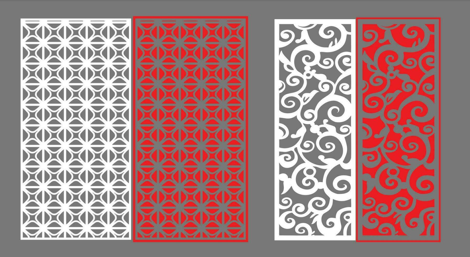 Decorative wall panels set Jali design CNC pattern, laser cutting pattern, router CNCcutting.Jali Laser cut decorative panel set with lace pattern. vector