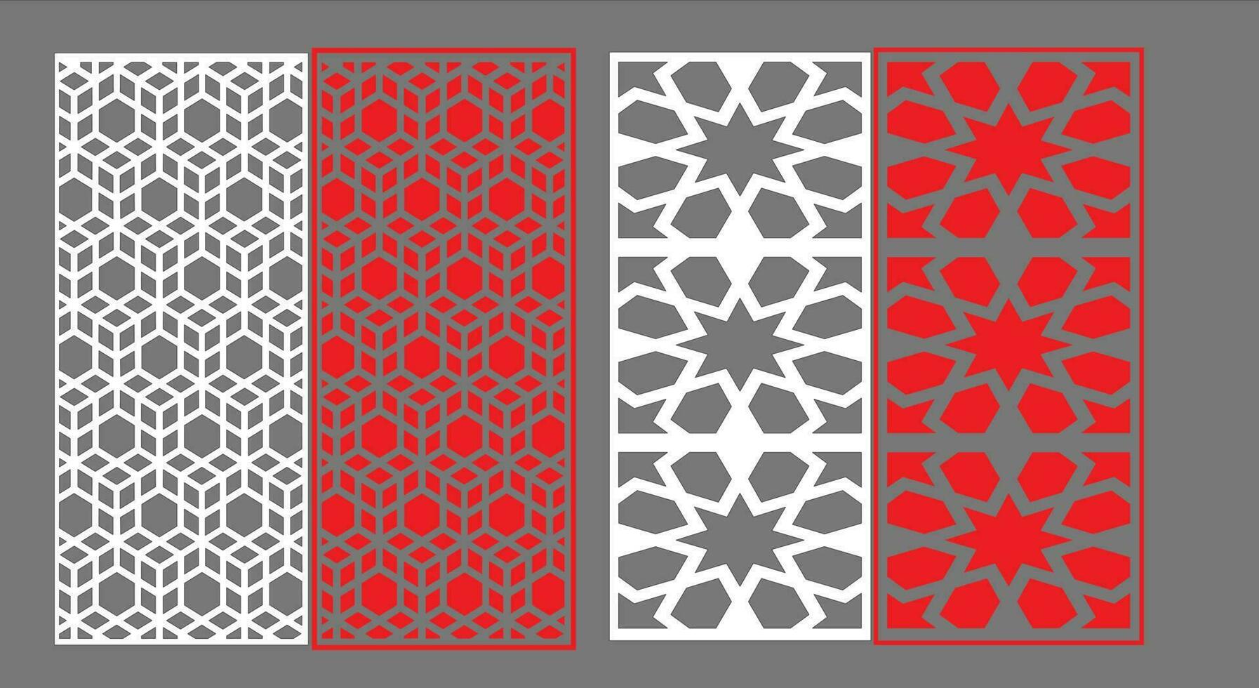 Decorative wall panels set Jali design CNC pattern, laser cutting pattern, router CNCcutting.Jali Laser cut decorative panel set with lace pattern. vector